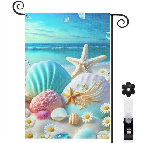 Drapeau de jardin bienvenue 30 x 45 cm motif coquillages et ambiance mer toile double face