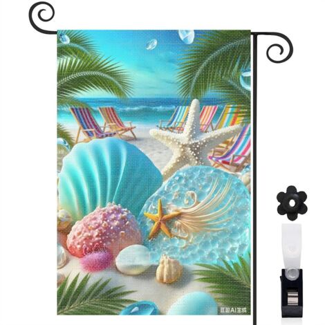 Drapeau de jardin bienvenue 30 x 45 cm motif coquillages et ambiance plage toile double face durable