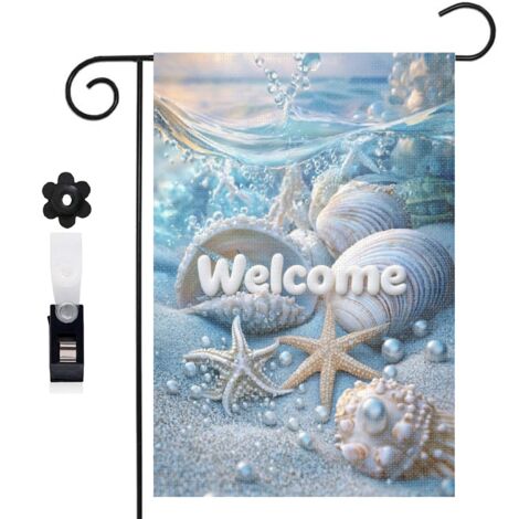 Drapeau de jardin bienvenue 30 x 45 cm motif coquillages et décor marin toile double face extérieure