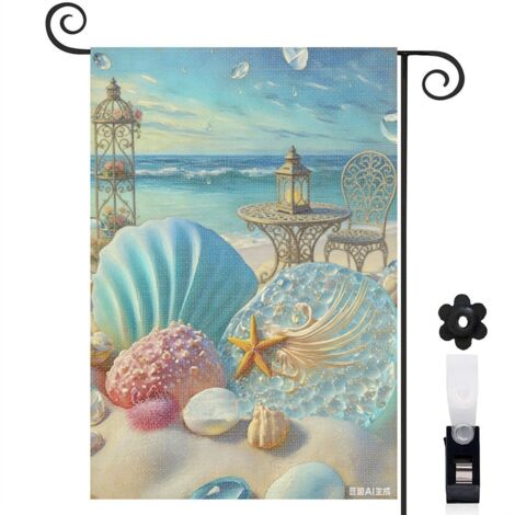 Drapeau de jardin bienvenue 30 x 45 cm motif coquillages et décor océan toile double face résistante