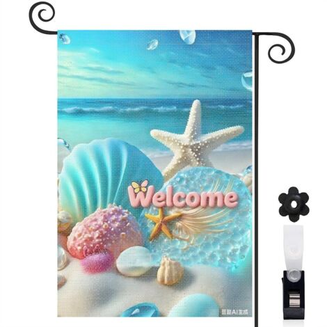 Drapeau de jardin bienvenue 30 x 45 cm motif coquillages et étoiles de mer style été toile double face