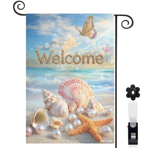 Drapeau de jardin bienvenue 30 x 45 cm motif coquillages et étoiles de mer style plage toile double face