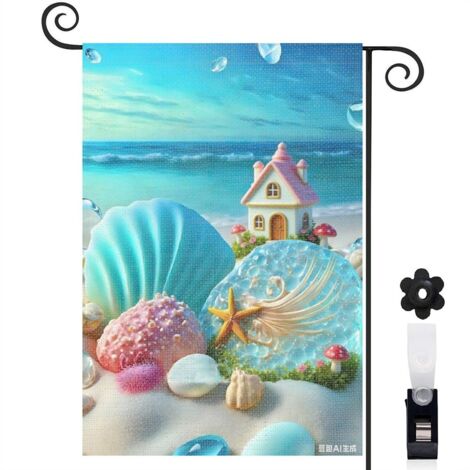 Drapeau de jardin bienvenue 30 x 45 cm motif coquillages et fond océan toile double face résistante