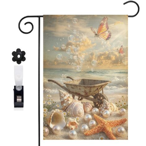 Drapeau de jardin bienvenue 30 x 45 cm motif coquillages et perles naturelles toile double face