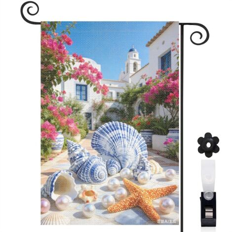 Drapeau de jardin bienvenue 30 x 45 cm motif coquillages et perles style bord de mer toile double face