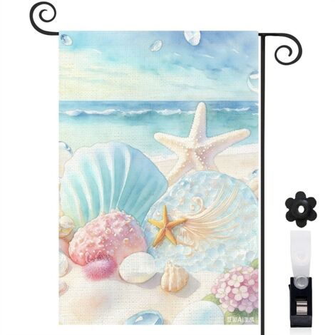Drapeau de jardin bienvenue 30 x 45 cm motif coquillages et vagues marines toile double face