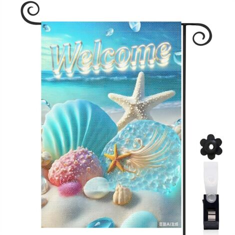 Drapeau de jardin bienvenue 30 x 45 cm motif coquillages et vagues style océan toile double face résistante