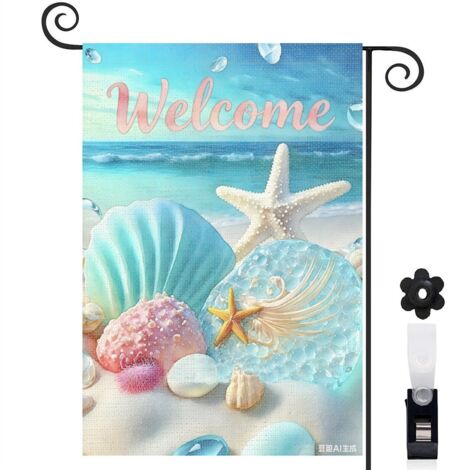 Drapeau de jardin bienvenue 30 x 45 cm motif coquillages marins et étoiles de mer toile double face décoration extérieure