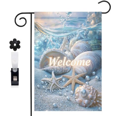 Drapeau de jardin bienvenue 30 x 45 cm motif coquillages marins et perles style plage toile double face