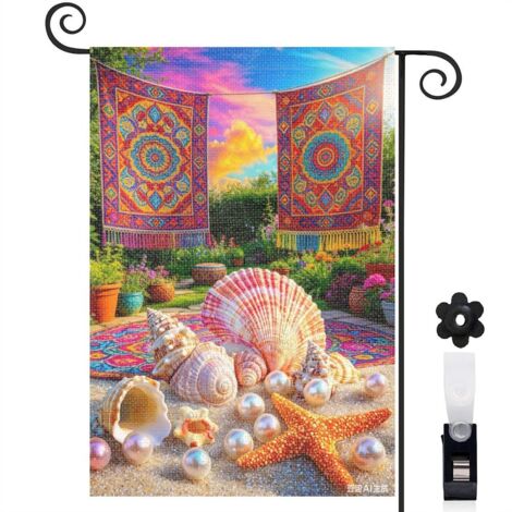 Drapeau de jardin bienvenue 30 x 45 cm motif coquillages marins étoiles de mer et perles toile double face décoration extérieure
