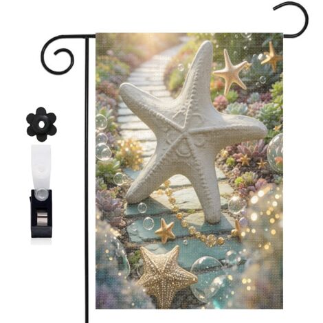Drapeau de jardin bienvenue 30 x 45 cm motif étoile de mer et coquillages style conte marin toile double face
