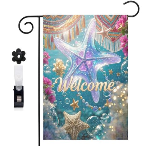 Drapeau de jardin bienvenue 30 x 45 cm motif étoile de mer et décor marin magique toile double face résistante