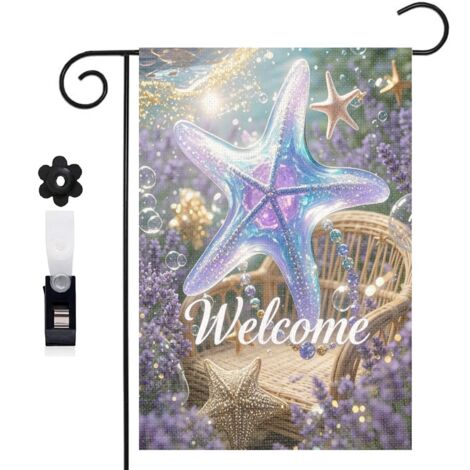 Drapeau de jardin bienvenue 30 x 45 cm motif étoile de mer et décor plage féerique toile double face