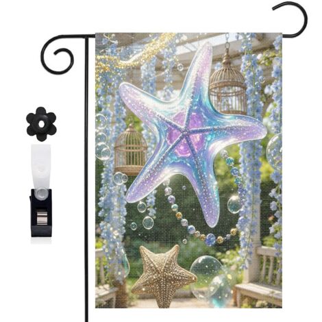 Drapeau de jardin bienvenue 30 x 45 cm motif étoile de mer et sable doré toile double face extérieure