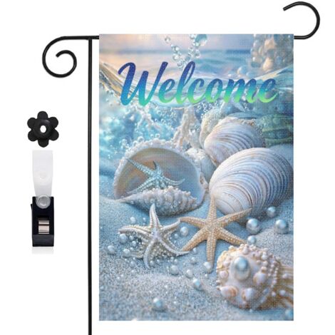 Drapeau de jardin bienvenue 30 x 45 cm motif étoiles de mer coquillages et perles toile double face extérieure
