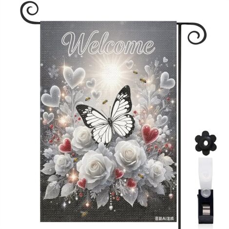 Drapeau de jardin bienvenue 30 x 45 cm motif floral et papillon design naturel toile double face pour décoration extérieure