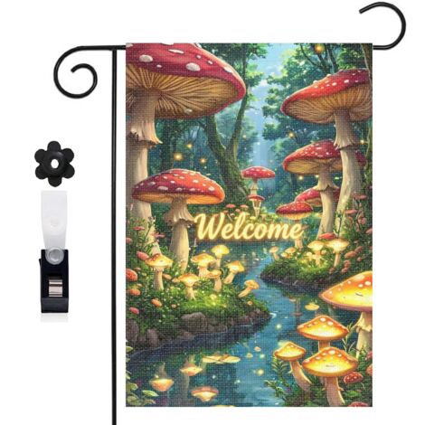 Drapeau de jardin bienvenue 30 x 45 cm motif forêt de champignons féeriques toile double face décoration extérieure