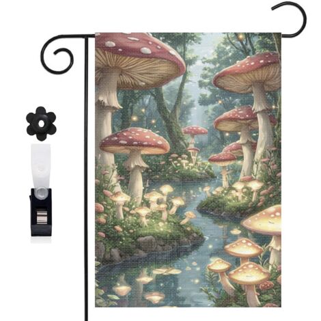 Drapeau de jardin bienvenue 30 x 45 cm motif forêt enchantée et champignons colorés toile double face