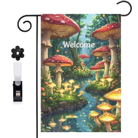 Drapeau de jardin bienvenue 30 x 45 cm motif forêt enchantée et champignons toile double face résistante