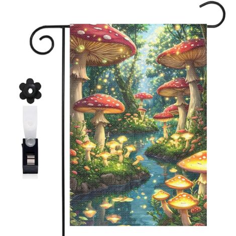 Drapeau de jardin bienvenue 30 x 45 cm motif forêt magique et champignons toile double face pour extérieur
