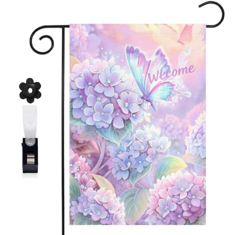 Drapeau de jardin bienvenue 30 x 45 cm motif hortensias colorés et papillon magique toile double face