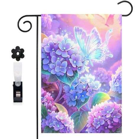 Drapeau de jardin bienvenue 30 x 45 cm motif hortensias colorés et papillon toile double face pour extérieur