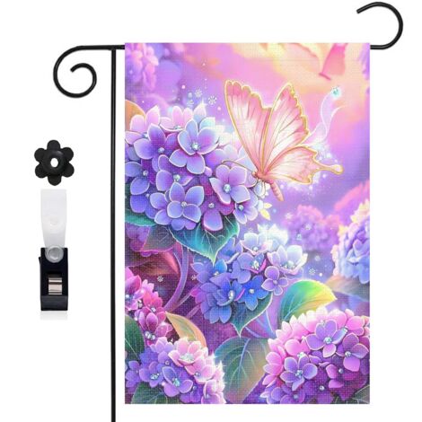 Drapeau de jardin bienvenue 30 x 45 cm motif hortensias et papillon coloré toile double face extérieure