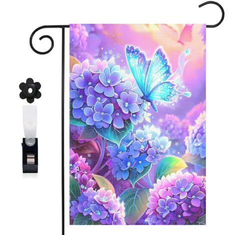 Drapeau de jardin bienvenue 30 x 45 cm motif hortensias et papillon élégant toile double face extérieure