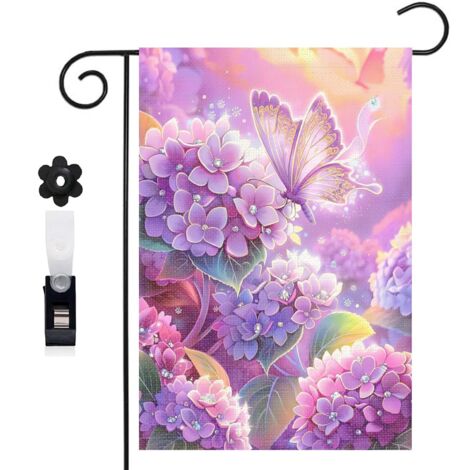 Drapeau de jardin bienvenue 30 x 45 cm motif hortensias et papillon féerique toile double face décoration extérieure