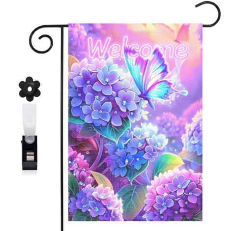 Drapeau de jardin bienvenue 30 x 45 cm motif hortensias et papillon style conte de fées toile double face