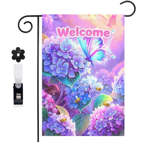 Drapeau de jardin bienvenue 30 x 45 cm motif hortensias et papillon volant dans le vent toile double face