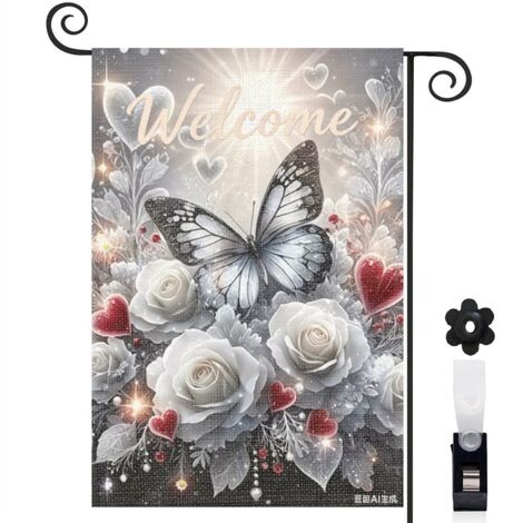 Drapeau de jardin bienvenue 30 x 45 cm motif papillon artistique et fleurs toile double face pour décoration maison