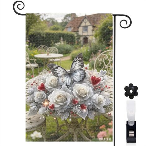 Drapeau de jardin bienvenue 30 x 45 cm motif papillon et bouquet floral élégant toile double face