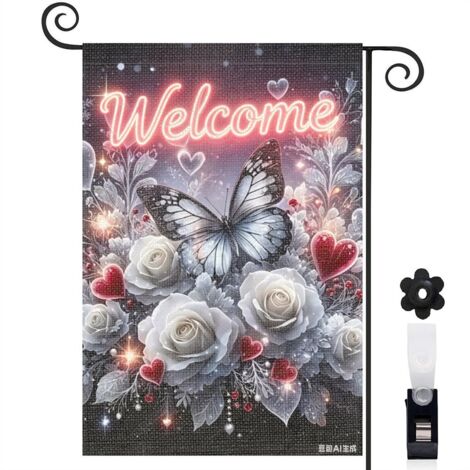 Drapeau de jardin bienvenue 30 x 45 cm motif papillon et composition florale toile double face pour décoration saisonnière