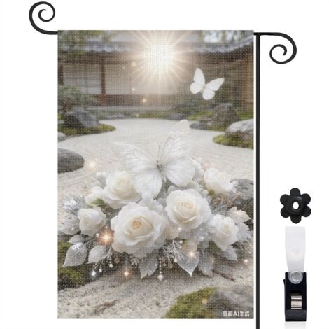 Drapeau de jardin bienvenue 30 x 45 cm motif papillon et fleurs blanches élégantes toile double face
