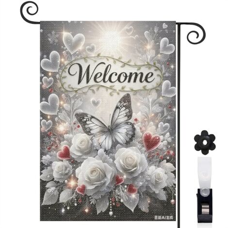 Drapeau de jardin bienvenue 30 x 45 cm motif papillon et fleurs blanches toile double face décoration extérieure élégante