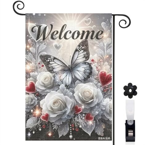 Drapeau de jardin bienvenue 30 x 45 cm motif papillon et fleurs design doux toile double face pour maison