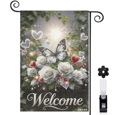 Drapeau de jardin bienvenue 30 x 45 cm motif papillon et fleurs style campagne toile double face pour extérieur