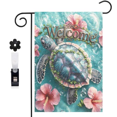 Drapeau de jardin bienvenue 30 x 45 cm motif tortue colorée et mer toile double face durable