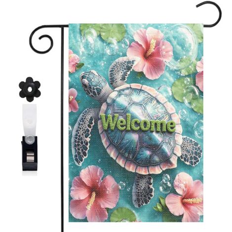 Drapeau de jardin bienvenue 30 x 45 cm motif tortue et coraux colorés toile double face