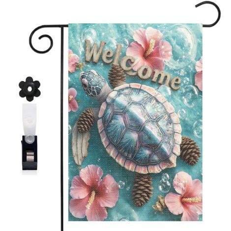 Drapeau de jardin bienvenue 30 x 45 cm motif tortue et vagues stylisées toile double face durable