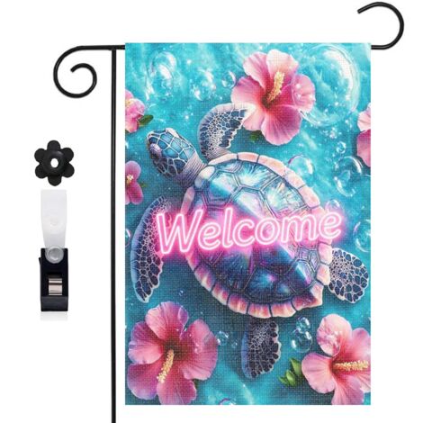 Drapeau de jardin bienvenue 30 x 45 cm motif tortue marine et ambiance océan féerique toile double face