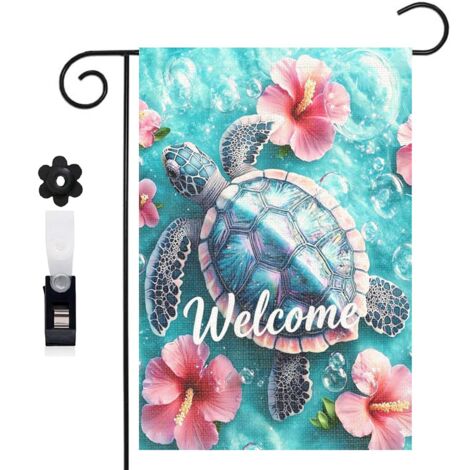 Drapeau de jardin bienvenue 30 x 45 cm motif tortue marine et coraux toile double face extérieure