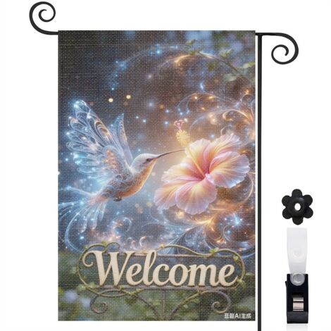 Drapeau de jardin bienvenue motif artistique fleurs et oiseau 30 x 45 cm toile double face durable décoration extérieure élégante