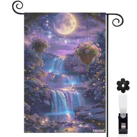 Drapeau de jardin cascade bleue et lune 30 x 45 cm décoration porche et entrée