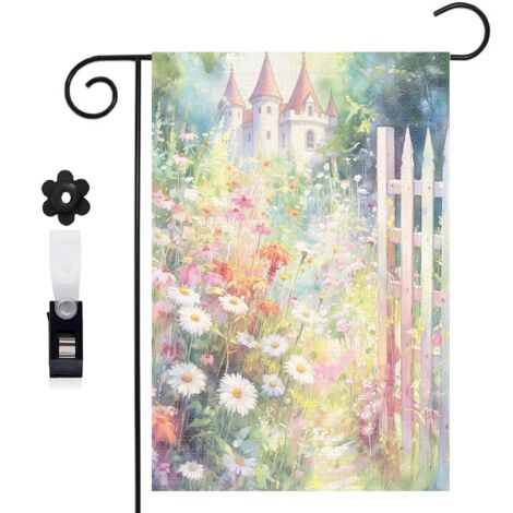 Drapeau de jardin chemin en terre et composition florale 30 x 45 cm décoration porche et entrée