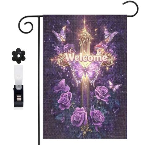 Drapeau de jardin croix dorée et papillon violet 30 x 45 cm décoration extérieure jardin