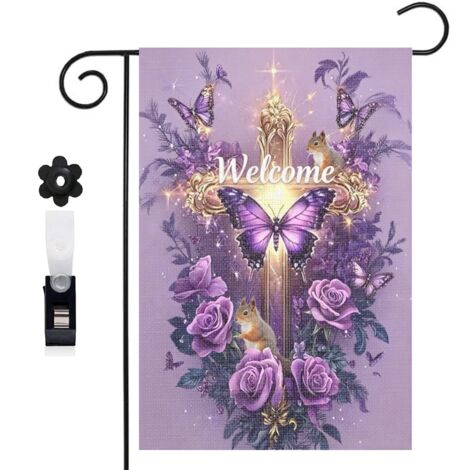Drapeau de jardin croix et roses violettes romantiques 30 x 45 cm décoration extérieure jardin
