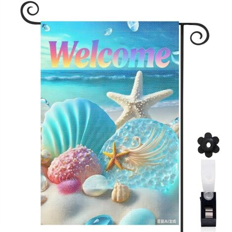Drapeau de jardin décoratif 30 x 45 cm motif coquillages et sable style bord de mer toile double face