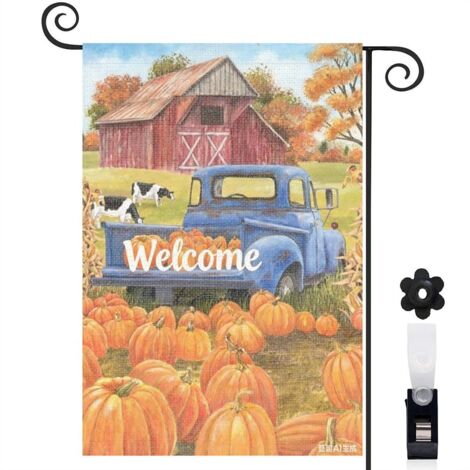Drapeau de jardin décoratif 30 x 45 cm motif ferme et camion avec citrouilles toile double face pour saison automnale